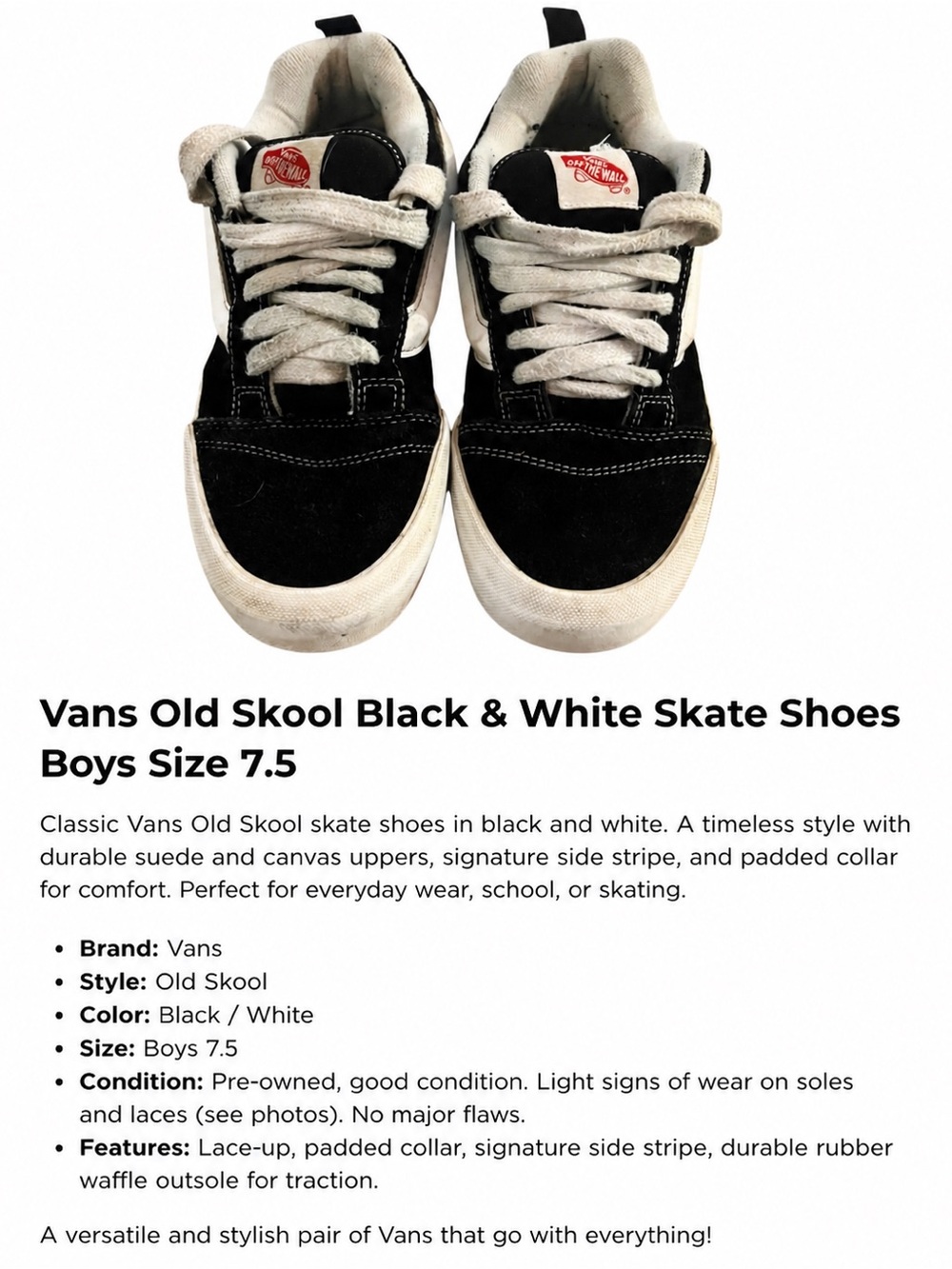 Vans Kids Black and White Old Skool Skate Sneakers